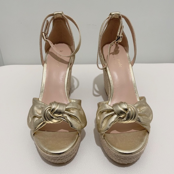 Kate Spade Tianna Espadrille Wedges Metallic Gold Leather Platform Sandals Pumps - Picture 8 of 16